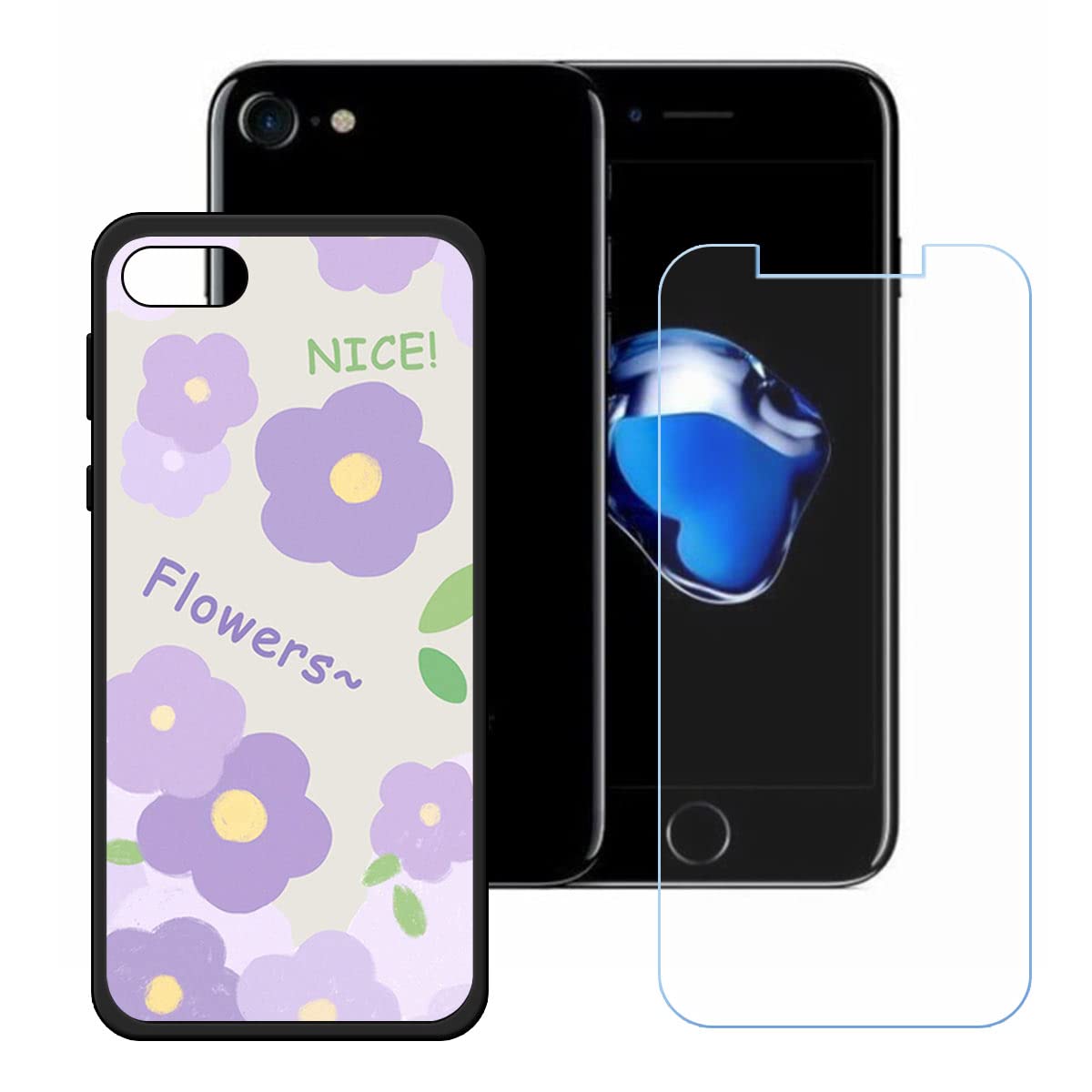 TPU Cover for iPhone 8 + HD Tempered Glass, Silicone Shell Bumper  Protective Back Case - 9 Hardness Anti-Scratch Screen Protector for iPhone  8 (4,7